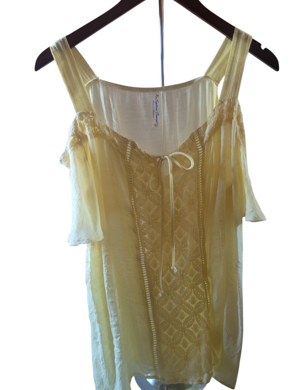 Delicate Pale Yellow Lace-Front Cold-Shoulder Blouse